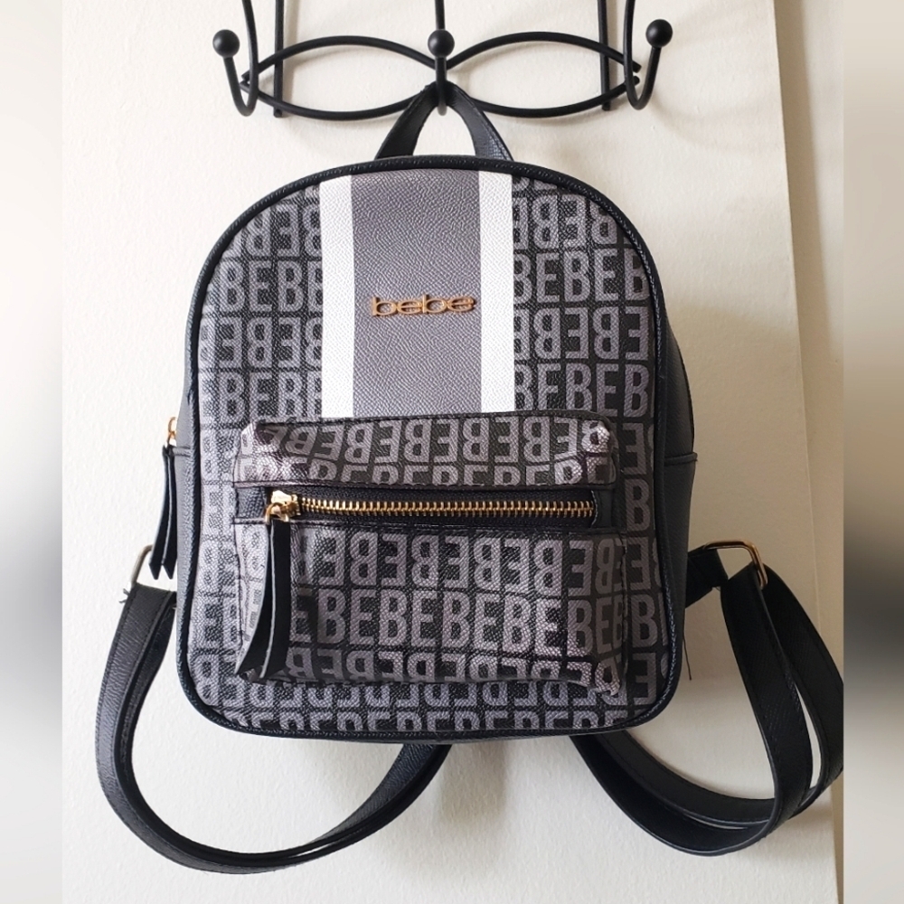 bebe Black & Gray Logo Mini Backpack with White Stripe
